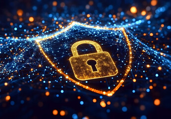 Wall Mural - Cybersecurity digital shield with a padlock icon on a dark blue background.