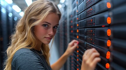 Poster - A woman in a data center checking servers during her routine management tasks