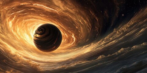 The planet Venus appears to be drawn into a rotating black hole with multiple vortices, showcasing the dramatic interaction between the planet Venus and the mesmerizing black hole.
