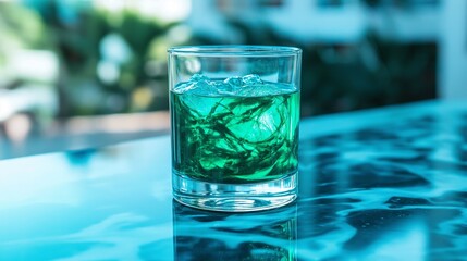 Poster - A fresh green smoothie in a clear glass with vibrant spirulina swirls