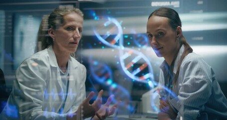 Poster - Physician And Patient Discuss Treatment with Projected DNA Helices Hologram. AI Molecular Epigenetic Hotspots And Protein-Binding Domains, Visualization Of Gene Expression, Targeted CRISPR Therapy