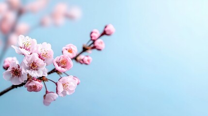 Wall Mural - Delicate cherry blossoms against a soft blue background in springtime