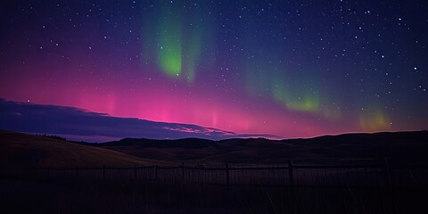 Wall Mural - Enchanting starry night sky adorned with vibrant aurora illuminating the hills, creating a breathtaking scene of natural beauty captured under the starry night sky, emphasizing the allure of the