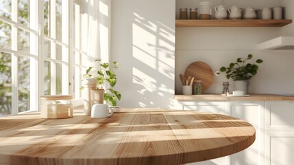 Poster - Cozy and Bright Kitchen with Sunlight Streaming Through Windows, Highlighting Natural Wood Table and Fresh Green Plants in a Modern Space