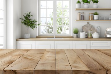 Poster - Bright and Airy Kitchen Interior with Wooden Countertop, Shelving, and Lush Greenery in a Serene and Inviting Space