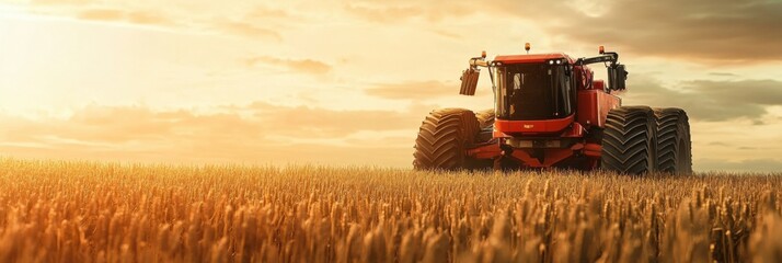Aufkleber - Robotic machines are actively working on a farm, planting crops as the sun sets, illustrating innovation in agricultural practices. Generative AI
