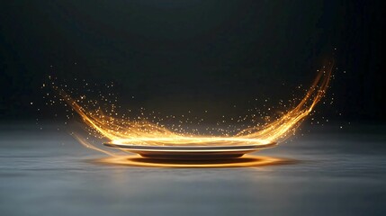 Poster - Microwave reheat. A glowing, swirling light effect emanates from a circular surface, creating a dynamic and captivating visual in a dark setting.
