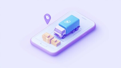 Poster - A smartphone displaying a delivery truck and packages, symbolizing logistics and tracking.