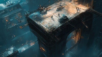Poster - Nighttime Construction Workers on Futuristic Bridge Structure