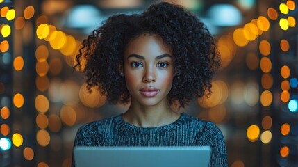 Poster - Woman running diagnostics in a server room filled with glowing lights and technology at night