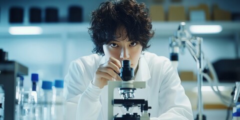 Aufkleber - A young scientist focuses intently on a microscope in a modern laboratory. The lab is well-equipped and designed for research. This image captures the essence of scientific inquiry. AI