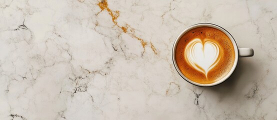 Poster - A cup of coffee with heart-shaped latte art on a marble surface.