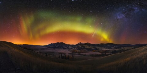 Wall Mural - Enchanting starry night sky adorned with vibrant aurora illuminating the hills, creating a breathtaking scene of natural beauty captured under the starry night sky, emphasizing the allure of the