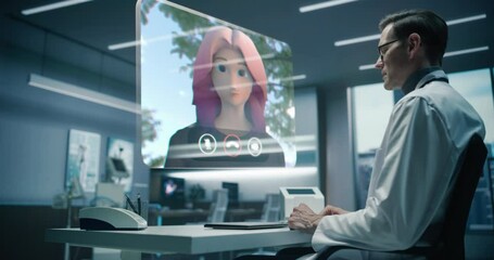 Aufkleber - In a Futuristic Medical Office, a Physician Interacts With an Animated Patient Avatar on a Holographic Display. Video Consultation Where Physician Discusses Medical Exam Test Results