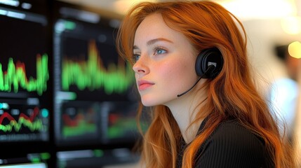 Poster - A woman troubleshooting network latency issues in a modern office environment during daylight hours