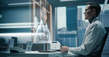 Aufkleber - In a Futuristic Medical Office, a Physician Interacts With a Holographic Avatar of a Colleague. Video Consultation, Physician Discusses Medical Exam Test Results and Gives Telehealth Advice.