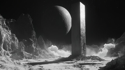 Aufkleber - A mysterious monolith stands on a barren moon landscape under a large celestial body during a calm night. Generative AI