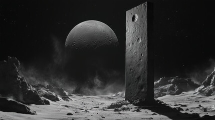 Wall Mural - A mysterious monolith stands tall on the lunar surface with a distant planet in the background against the vast dark sky. Generative AI