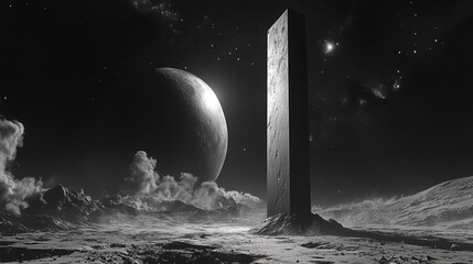 Poster - a towering monolith stands against a cosmic landscape with a distant planet and clouds during a sere