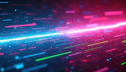 Poster - Abstract neon light waves and particles glowing on a dark background