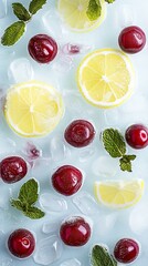 Poster - Chilled Lemon and Cherry Compositions with Mint Over Ice for Refreshing Summer Drinks : Generative AI