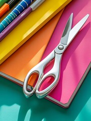 Wall Mural - Shiny Scissors on Colorful Notebooks - Back to school, stationery, crafting, organization, precision.  Bright, colorful notebooks and sharp scissors.