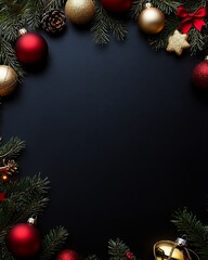 Poster - Christmas Holiday Decor Background with Ornaments and Pine Garlands on Black Surface : Generative AI