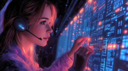 Poster - A woman adjusts server configurations in a high-tech data center during evening hours