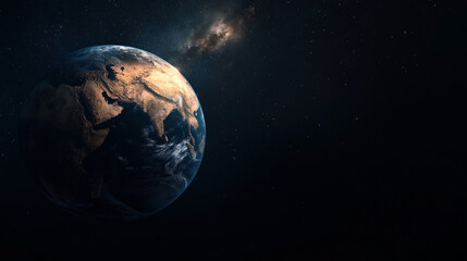 Wall Mural - view of earth from space with visible landmasses, oceans, and clouds under starry night sky, highlig