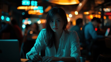 Leinwandbilder - A woman in a dimly lit caf?, focused on her work amidst a vibrant, busy atmosphere.
