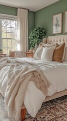 Wall Mural - Elegant Modern Bedroom with Plush Bedding and Earth Tone Decor : Generative AI