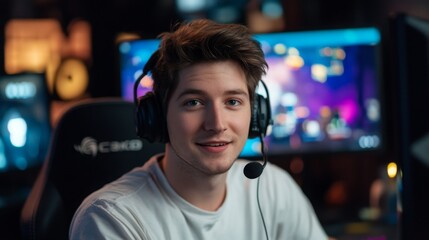 Poster - A young man wears a gaming headset while smiling at the camera, engaged in an online gaming session. He sits in a dark room with colorful screens behind him, enjoying the gaming atmosphere.