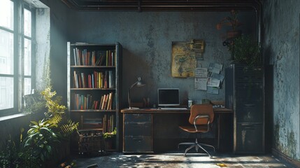 Poster - Overgrown Office Workspace Sunlight Through Window