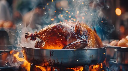 Hot fresh and delicious turkey being removed from a deep fat fryer after being cooked for a holiday celebration