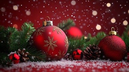 Poster - Elegant Red Christmas Decorations with Snowflakes and Evergreen Pine Branches : Generative AI