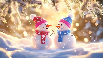Poster - Charming Snowman Couple in Festive Hats Amidst Sparkling Winter Wonderland : Generative AI