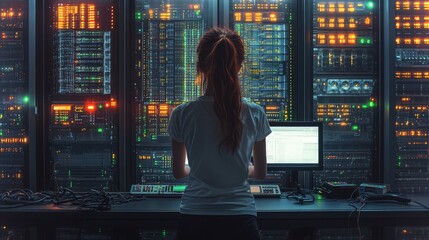 Poster - A female engineer works at a server rack in a modern data center, showcasing technical expertise