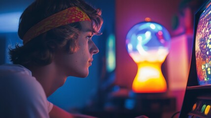Aufkleber - a young man, wearing a headband, intently plays an arcade game in a dim room filled with vibrant lig