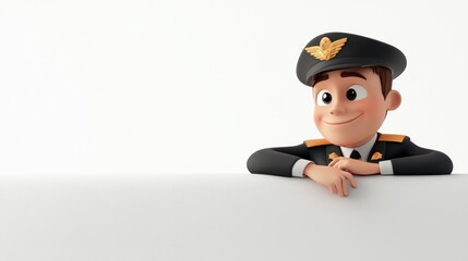 Aufkleber - A cheerful animated pilot character in uniform leaning on a blank surface.