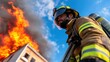 © Anna - determined firefighter approaches a building engulfed in flames, equipped with protective gear and a hose. Thick smoke billows into the sky as the hero confronts the inferno