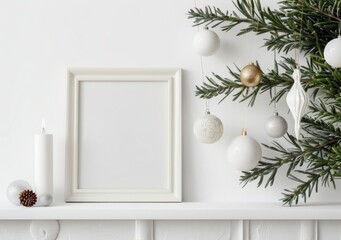 Wall Mural - A blank wooden frame on a white shelf with festive ornaments. The frame is surrounded by gold and white decorations, including a Christmas tree branch with gold ornaments, a white candle, two pine con