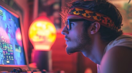 Poster - A man with a headband and glasses is intensely focused on a computer screen displaying a vibrant video game.
