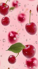 Sticker - Bright Red Ripe Cherries with Water Droplets on Pink Background and Green Leaf : Generative AI