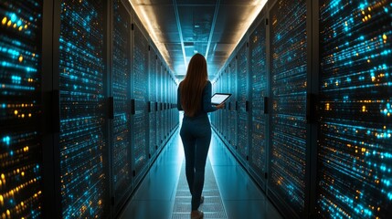 Poster - A female technician monitors server performance in a data center at night