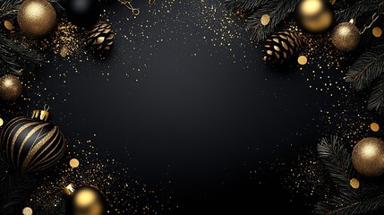 Poster - Black and Gold Christmas Frame with Glittering Baubles and Pinecones : Generative AI
