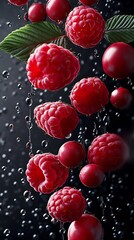Poster - Closeup of juicy raspberries and cherries with water droplets on black background : Generative AI