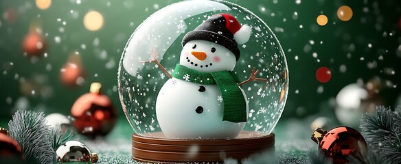 Poster - Smiling Snowman in Snow Globe Amidst Celebratory Christmas Ornaments : Generative AI
