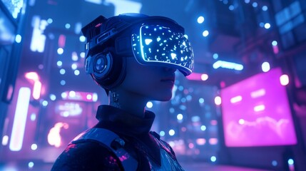 Poster - A person wearing a high-tech virtual reality headset stands in a neon-lit urban environment.