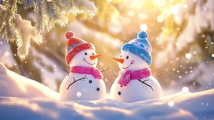 Poster - Delightful Snowman Pair in Vibrant Winter Scenery with Sparkling Lights : Generative AI