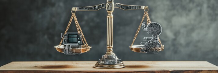 Fototapete - A scale balances a computer on one side and a robot on the other, symbolizing the tension between technology and ethics in modern society. Generative AI